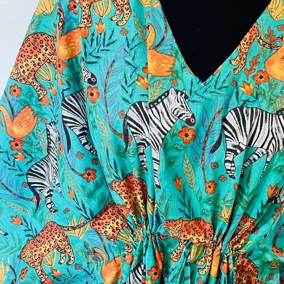 BRAND NEW Turquoise Tiger Print Cotton Kaftan Plus Size Bridesmaid Gown - Picture 5 of 5